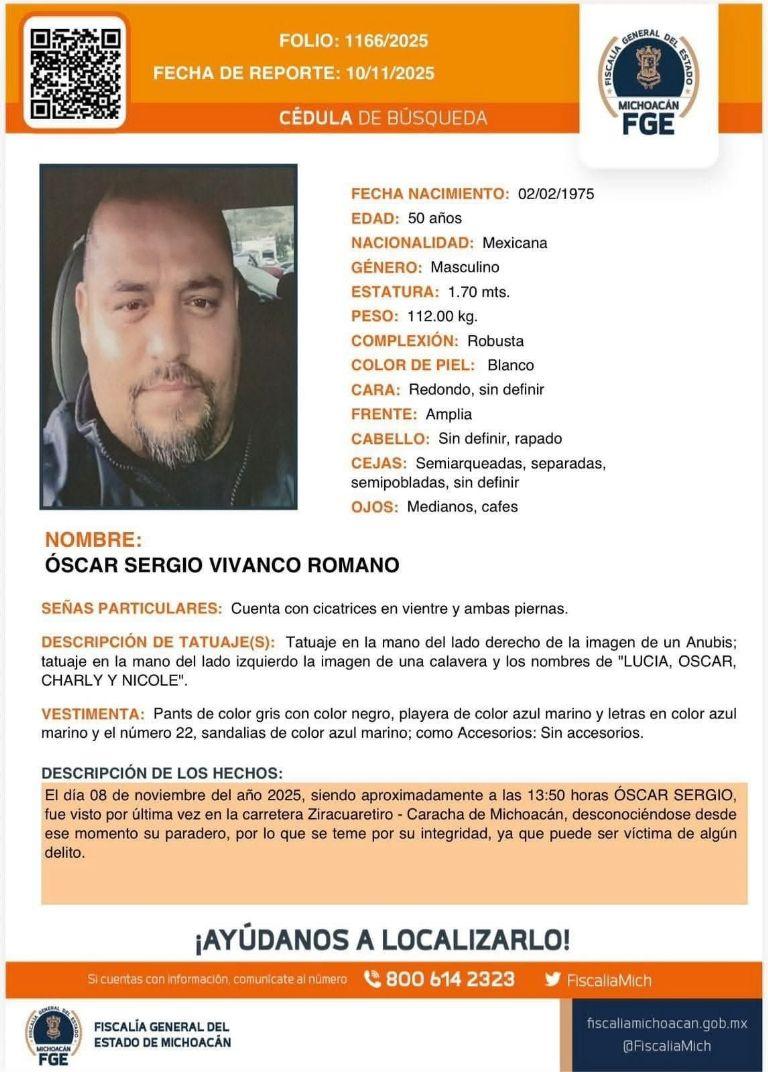 Fiscalía de Michoacán reporta desaparición de Óscar Sergio Vivanco Romano, tras asesinato de Carlos Manzo