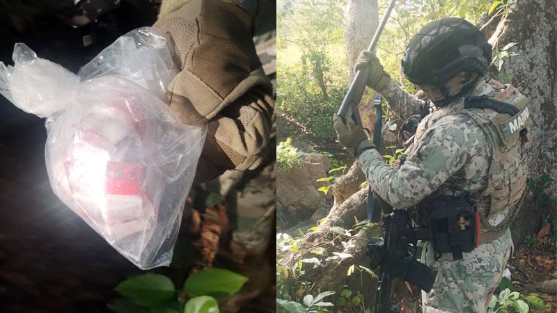 Aseguran SSPC y Semar 160 bolsas de presuntas drogas y un arma de fuego en Santiago Jamiltepec