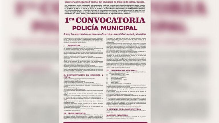 Emite Oaxaca de Juárez convocatoria para integrar la Policía Municipal