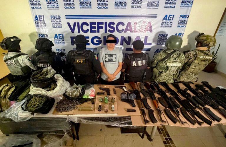 En Oaxaca capturan a objetivo prioritario y nuevo líder de célula criminal de Ocotlán, asegurando drogas, armas de alto poder, granadas y explosivos