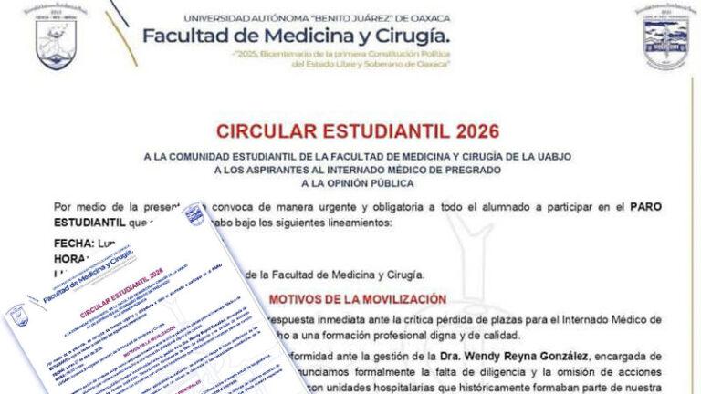 Convocan a paro estudiantil en la Facultad de Medicina de la UABJO; denuncian crisis en campos clínicos