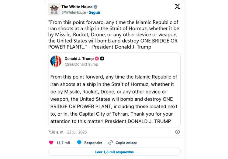 Trump amenaza con bombardear infraestructura civil si Irán no detiene ataques contra buques