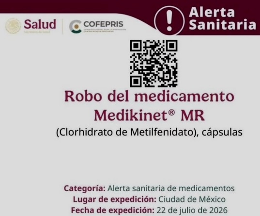 ¿Para qué sirve el metilfenidato? medicamento reportado como robado por la Cofepris