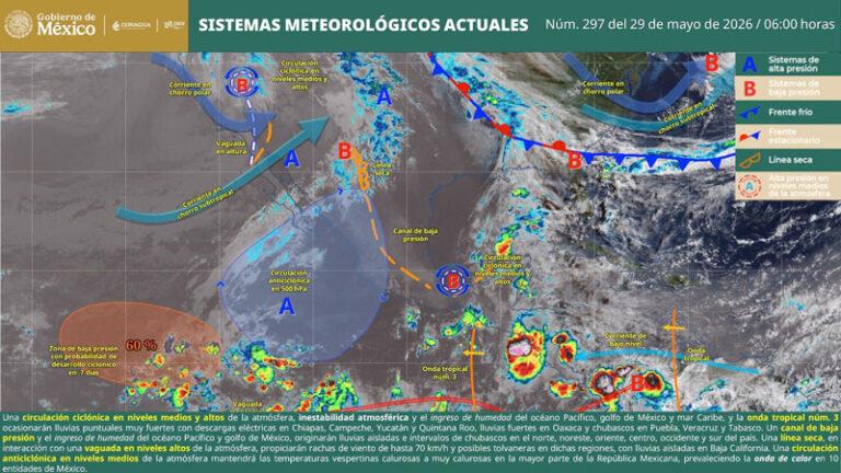 Canal de baja presión y circulación ciclónica mantendrán temporal lluvioso