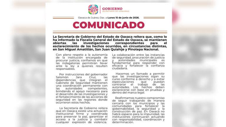 Secretaría de Gobierno de Oaxaca refrenda apoyo a investigaciones por hechos ocurridos en distintas regiones del estado